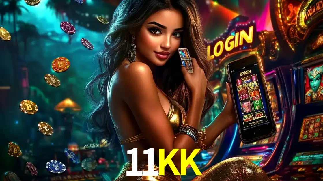 Mulher em um cenário de cassino temático de aventura, mostrando o app de caça-níqueis da 11KK no celular. Fichas de apostas flutuam ao redor.