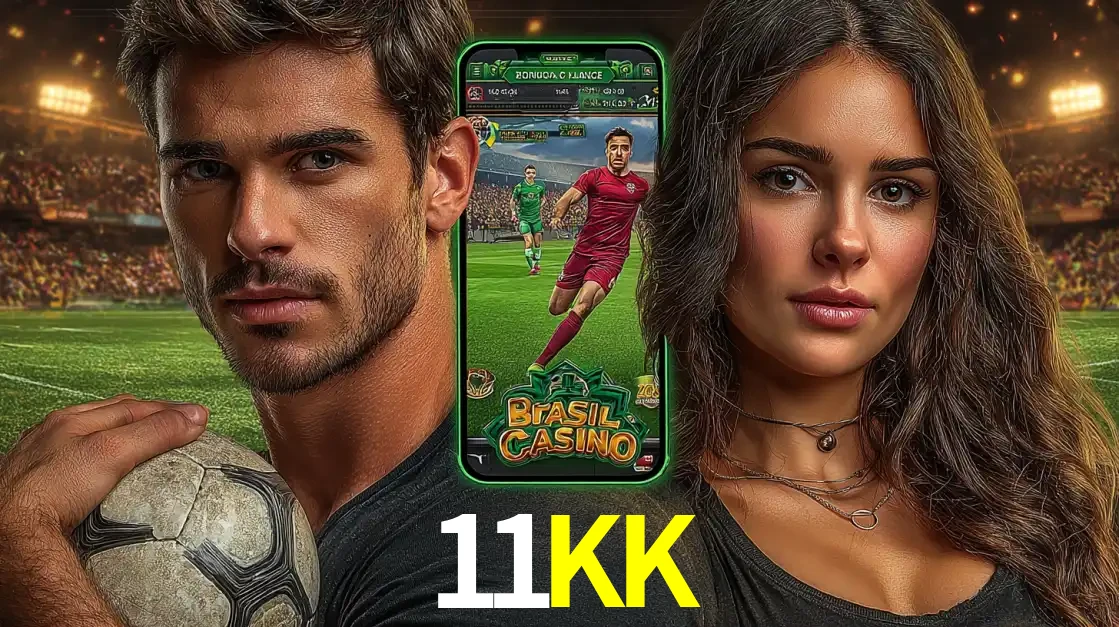 Homem segurando uma bola de futebol e uma mulher ao lado de um smartphone exibindo o jogo de apostas esportivas da 11KK. Faça seu palpite no cassino online.